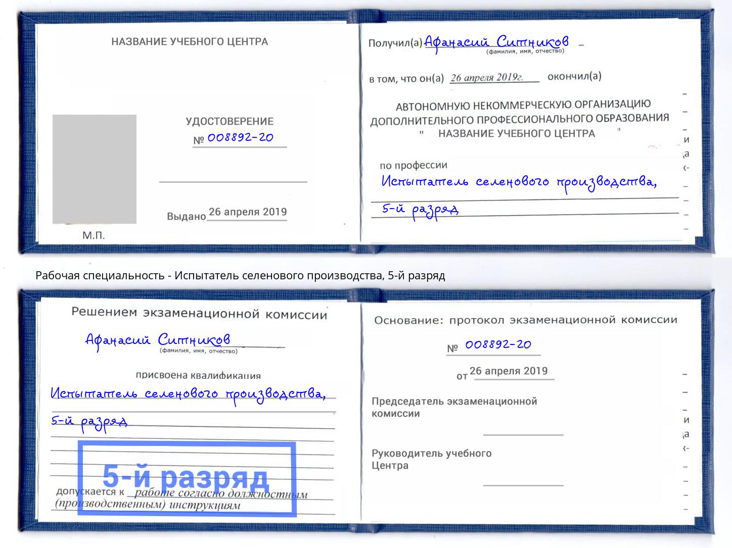 корочка 5-й разряд Испытатель селенового производства Верхняя Пышма