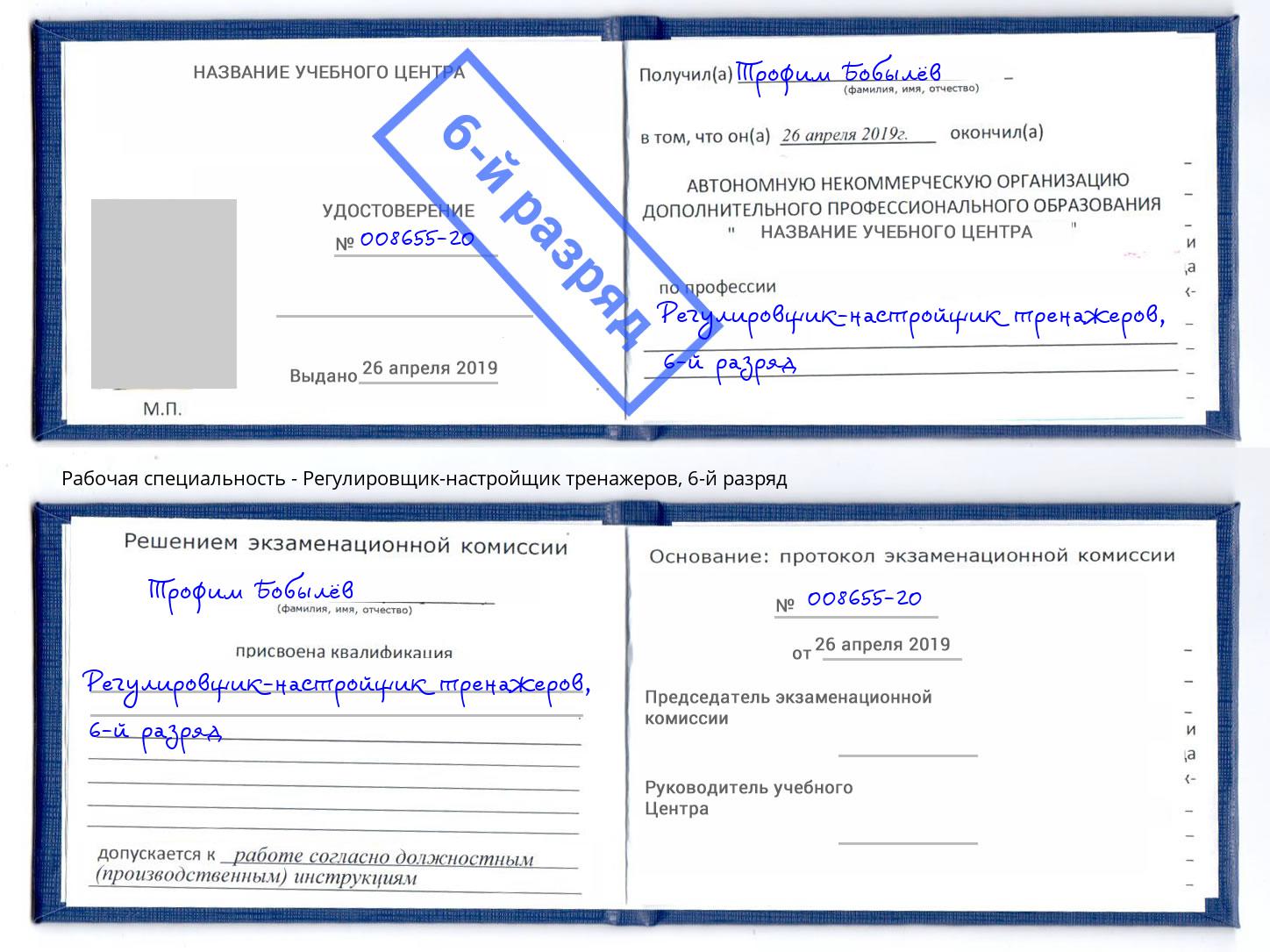 корочка 6-й разряд Регулировщик-настройщик тренажеров Верхняя Пышма