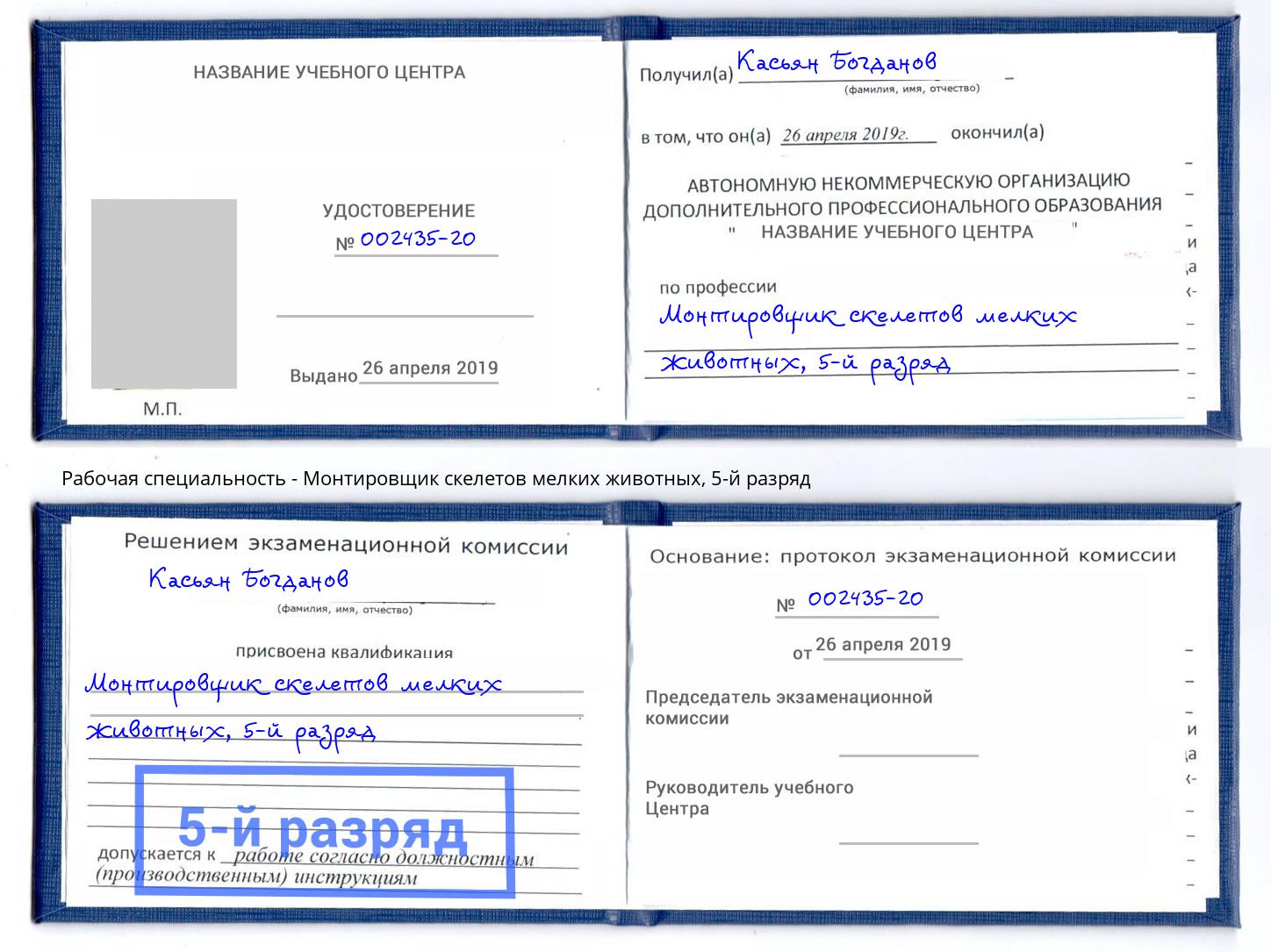 корочка 5-й разряд Монтировщик скелетов мелких животных Верхняя Пышма