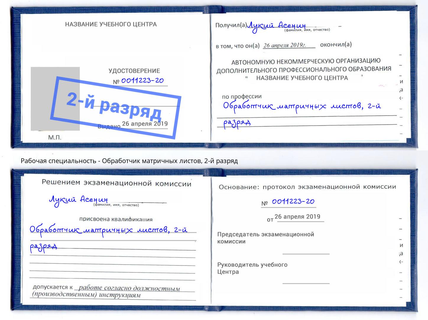 корочка 2-й разряд Обработчик матричных листов Верхняя Пышма