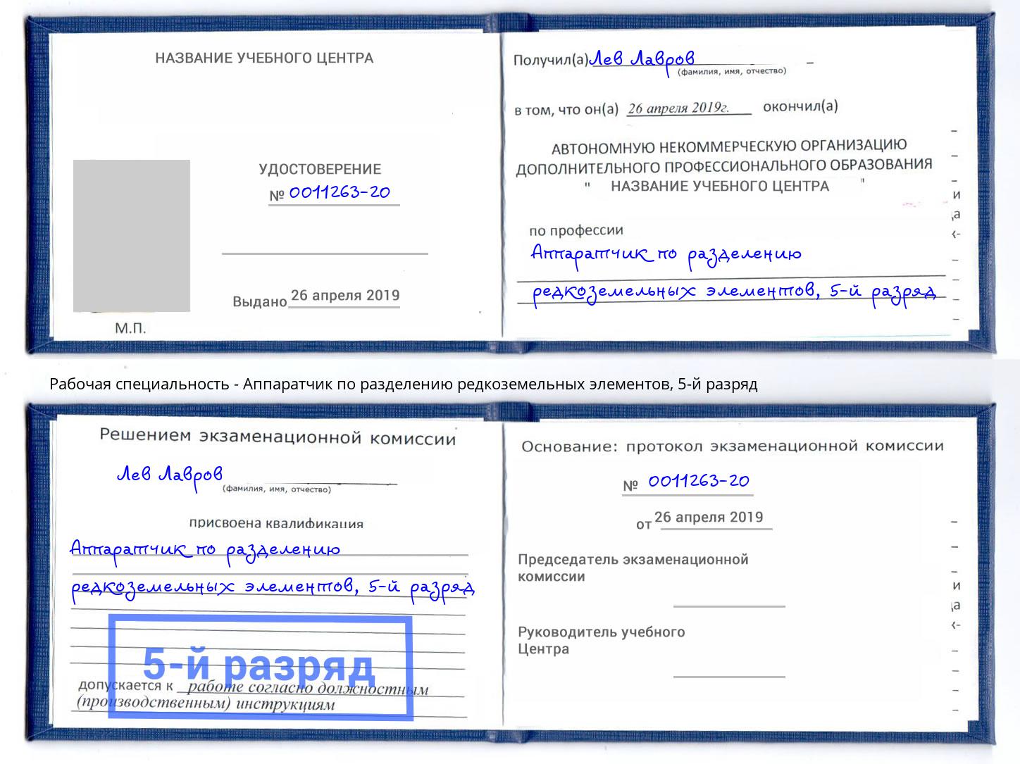 корочка 5-й разряд Аппаратчик по разделению редкоземельных элементов Верхняя Пышма